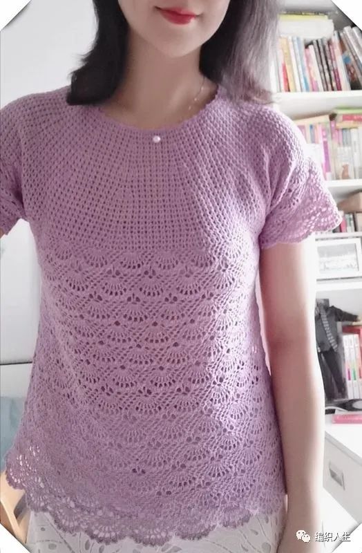 浅紫佳人:婉约淡雅的钩花套头短袖小衫(有编织图解)