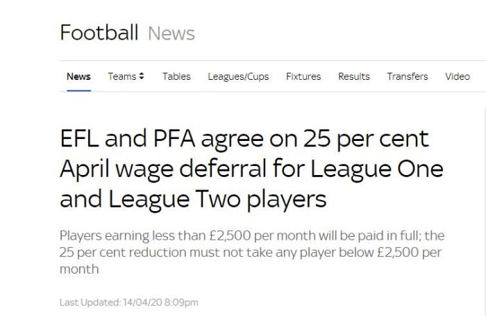 「中新网」英甲英乙球员四月工资25%延期发放 以缓解运营成本