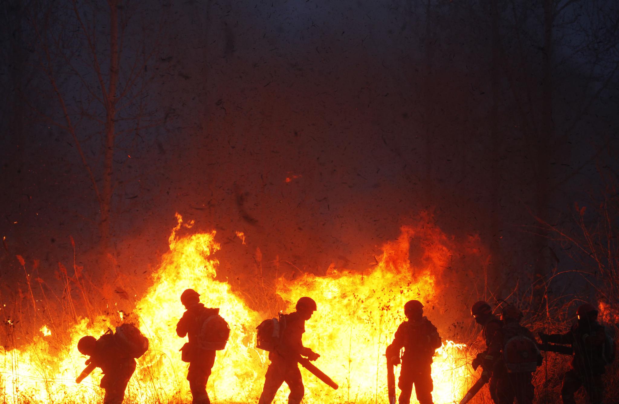  2019年4月，森林消防队伍扑灭山西省沁源县森林火灾。图为甘肃省森林消防总队增援分队指战员在火场实施扑救作业。