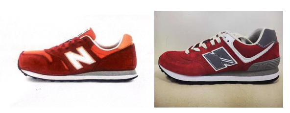  左图为“New balance”运功鞋鞋两侧N字母装潢，右图为纽巴伦运动鞋鞋两侧“斜杠N”装潢