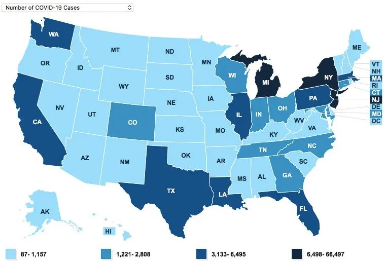 截至美国东部时间2020年3月30日，美国各州确诊新冠肺炎病例数量地图