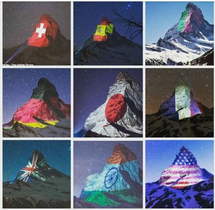 在过去的20来天中,每一天都有一个国家的国旗被灯光打到马特洪峰上