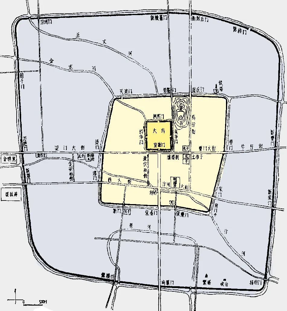 有所扩大核心区在宫城和皇城最终的建设成果由于开封城屡遭黄河水患