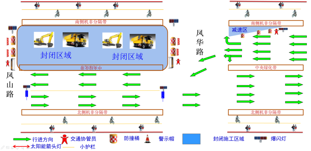 幅双向四车道进行交通导改;凤华路至凤山路由东向西进行沥青摊铺施工
