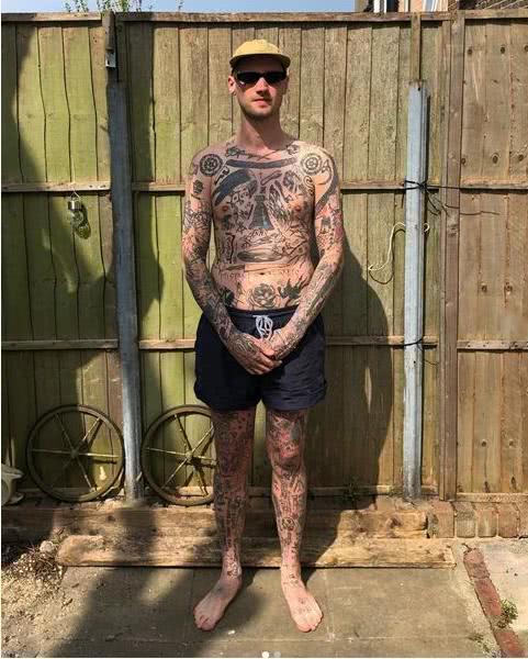 英纹身达人隔离期定目标每日添新纹身,身上的空地仅够再纹一个月