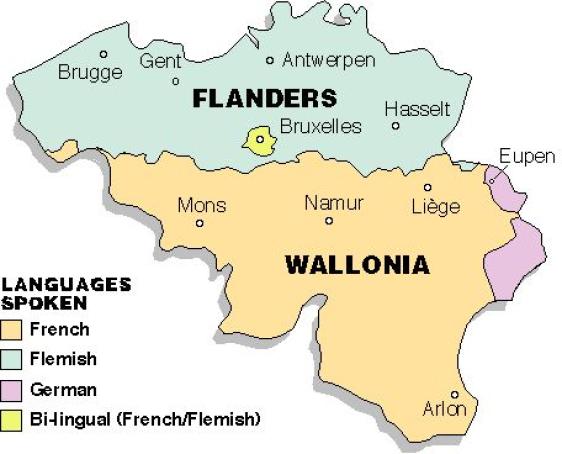朝北是讲荷兰语的法兰德斯大区,南部是讲法语的瓦隆大区,以及在东南角