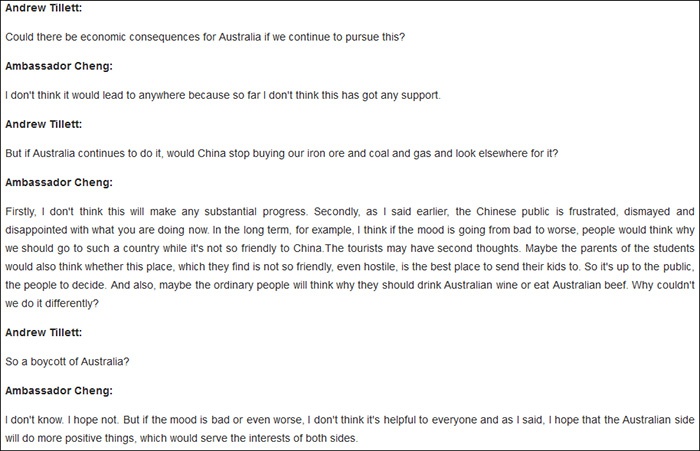 驻澳大使馆公开的采访内容截图，图为被澳媒断章取义的对话