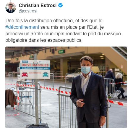 法国尼斯市长宣布一旦解除限制性措施 公民必须在公共场所佩戴口罩。社交媒体截图
