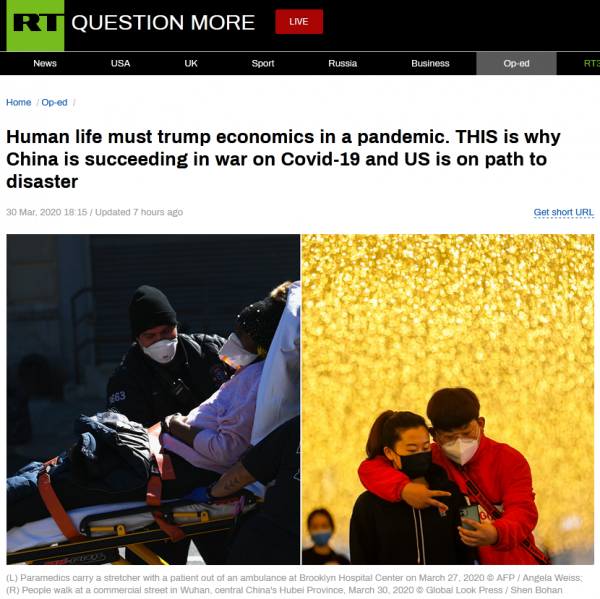 《今日俄罗斯》3月30日刊文《在大流行病中人命必须置于经济之上》