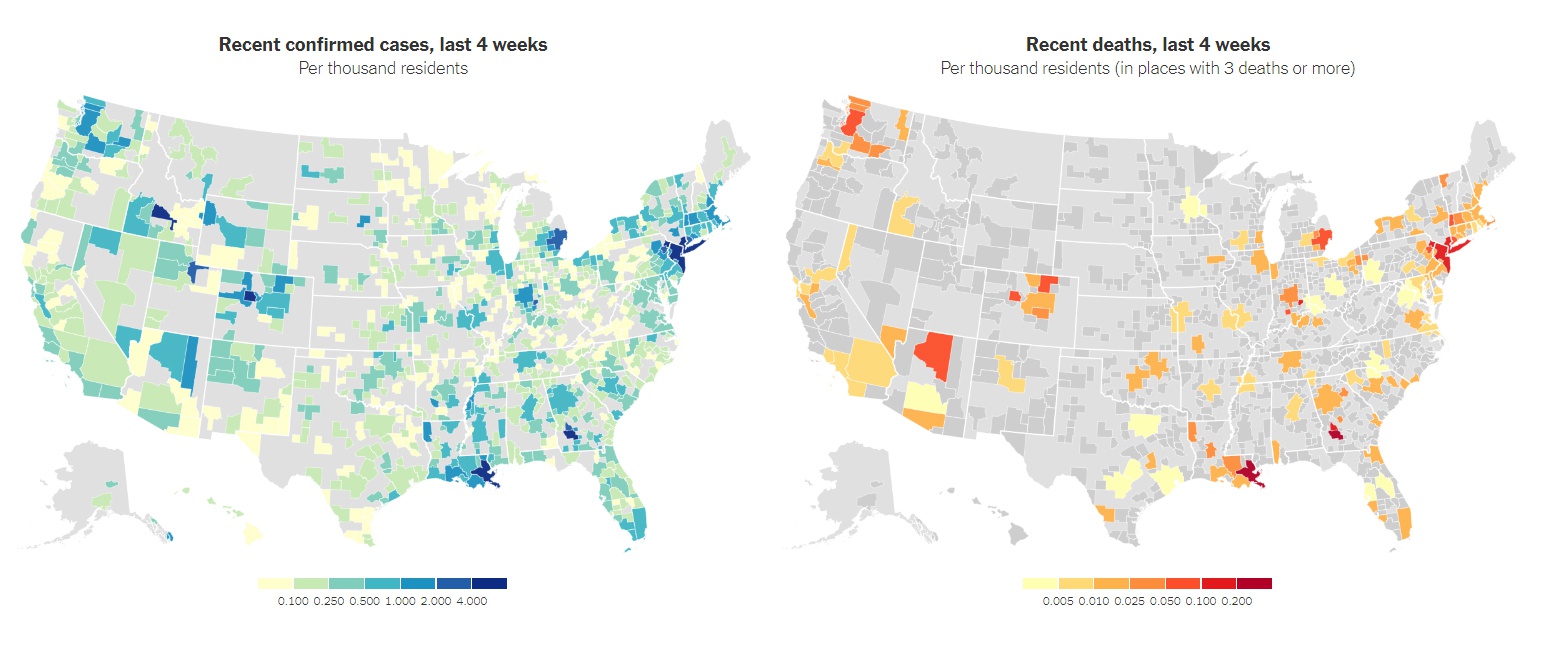 《纽约时报》绘制的美国各州确诊病例（左）和死亡病例（右）分布图
