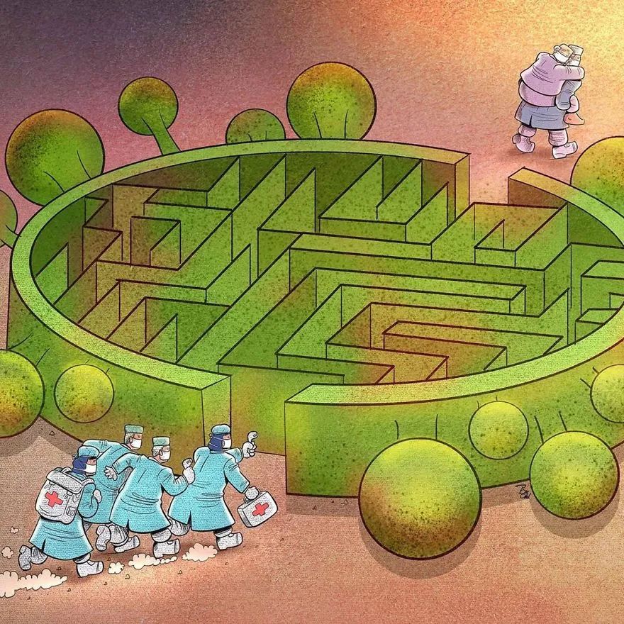他画出医护防护人员拯救病人和病毒抗争的插画,每一张都让人泪崩