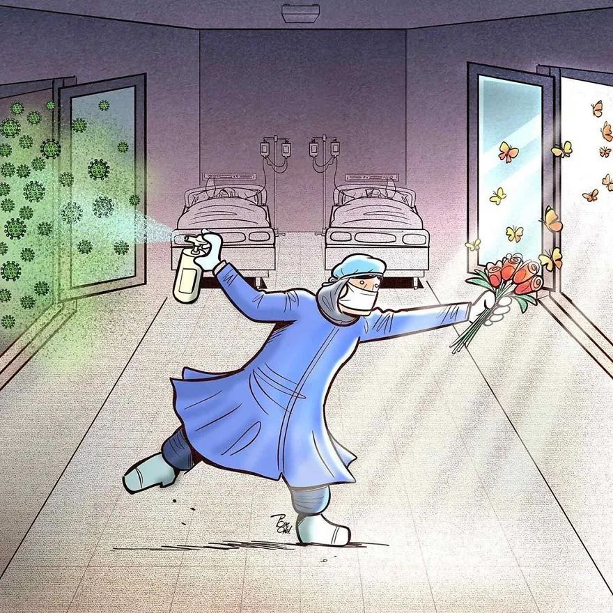 他画出医护防护人员拯救病人和病毒抗争的插画,每一张都让人泪崩