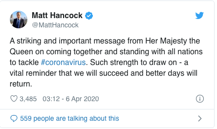 英国卫生大臣汉考克推特截图。