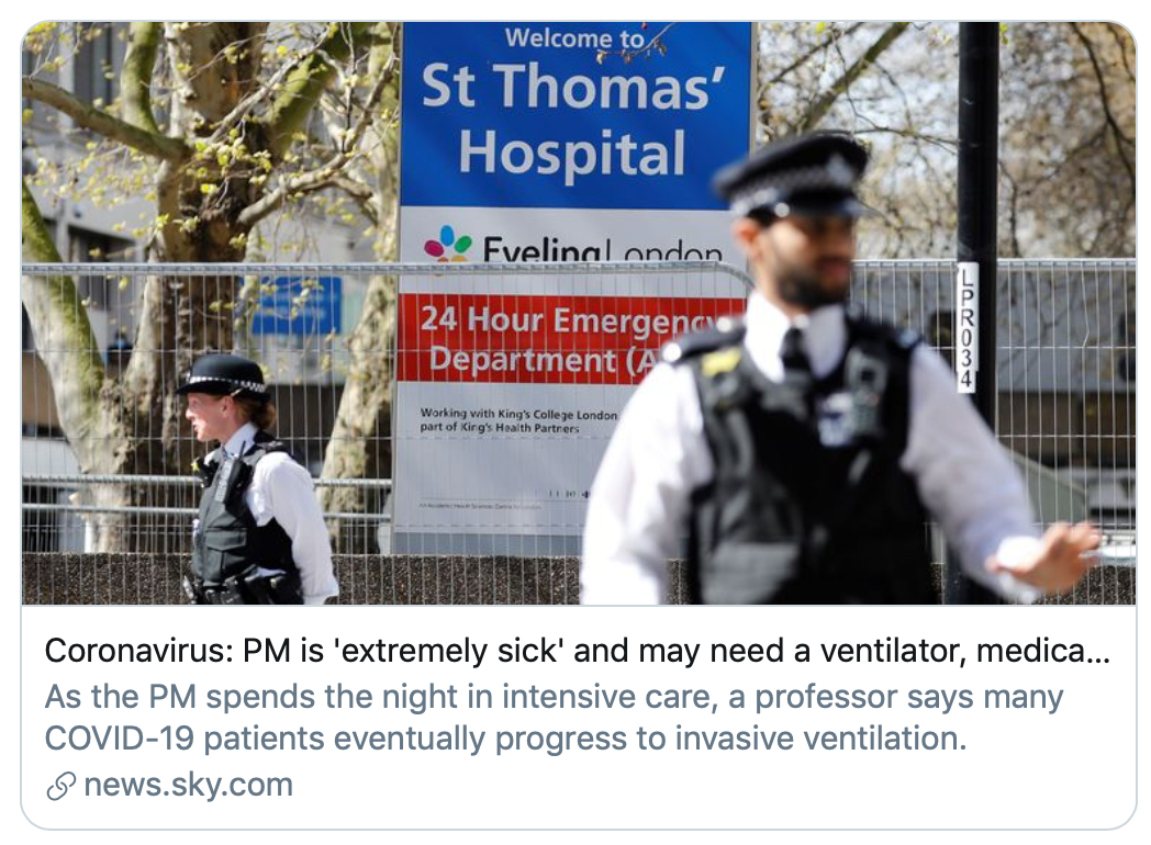  “首相可能需要呼吸机”。/英国天空新闻报道截图