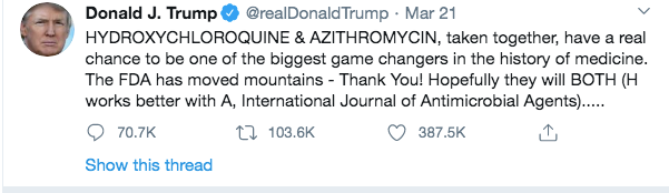 ▲特朗普3月21日在推特上发文推荐使用“羟氯喹+阿奇霉素”治疗新冠肺炎。
