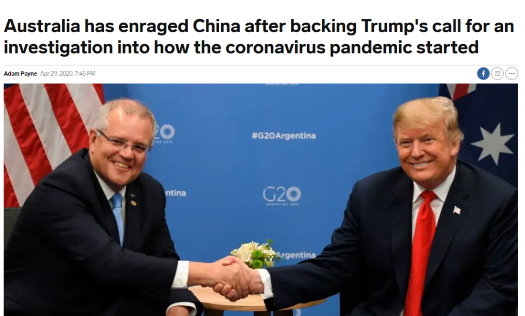  （图为外媒报道澳大利亚莫里森政府曾积极响应美国特朗普政府的号召，要在新冠肺炎的疫情上对中国发起所谓的“调查”）