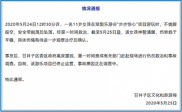 大连通报“11岁女孩游玩高空项目踩空坠落事件”：已停止运营