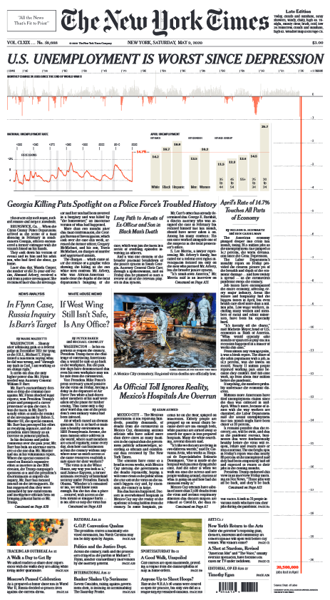 本月，《纽约时报》头版展示失业率，版面都塞不下