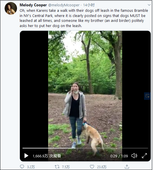 视频中显示，该女子一边报警一边用力拽着狗的项圈，宠物狗前脚被拽离地面 图片来源：推特截图