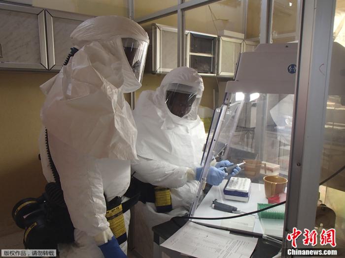 图为位于美国马里兰州德特里克堡的美国陆军传染病医学研究所（USAMRIID）的技术人员，在一个遏制埃博拉病毒的实验室里进行化验。