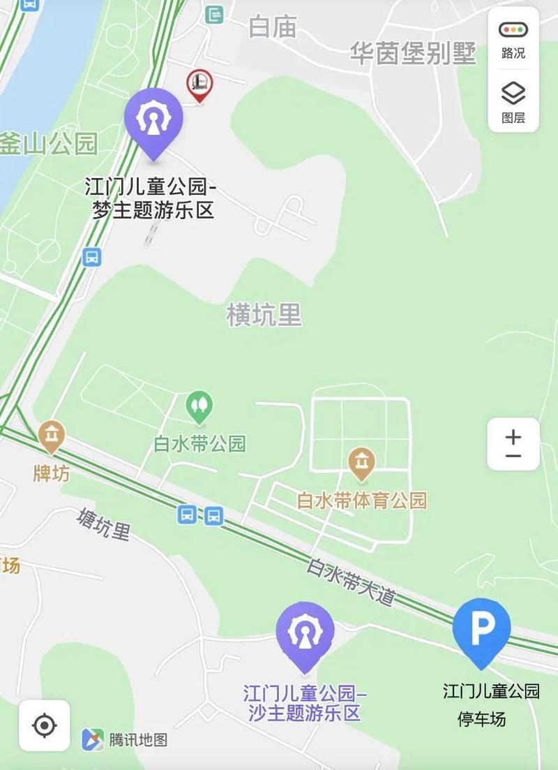 儿童公园停车场位于白水带大道,自驾车前往的游客也可根据白水带区域