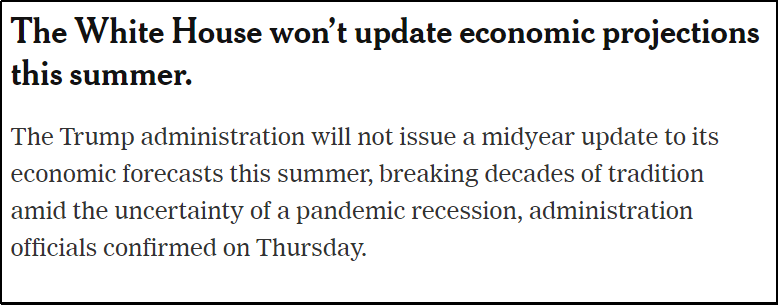 《纽约时报》指出，白宫在今年夏季的年中评估中取消经济预测，堪称史无前例