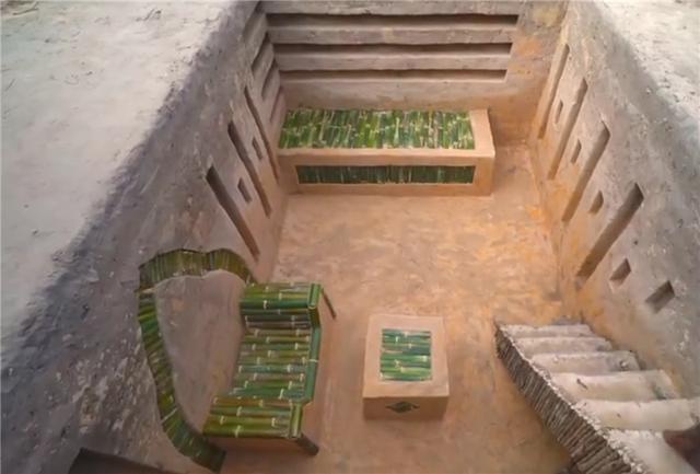 大叔挖地窖,建造地下蜡烛房,家具和房顶都是用竹子打造的