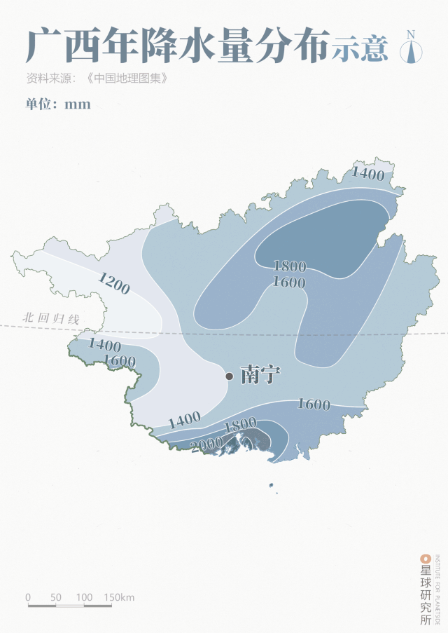 广西年均温及年降水量分布示意 | 制图@陈景逸&郑伯容/星球研究所背山