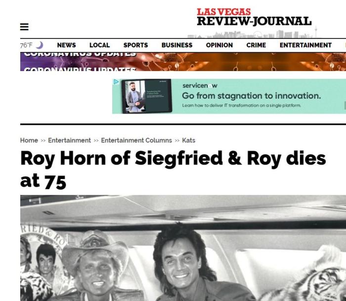   當地時間5月8日，《拉斯維加斯評論報》刊登了羅伊·霍恩去世的消息。圖片來源：《拉斯維加斯評論報》網站截圖。