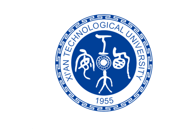 整体由篆书文字,瓦当造型,辅助图形组合构成:篆书"西安工大"从学校