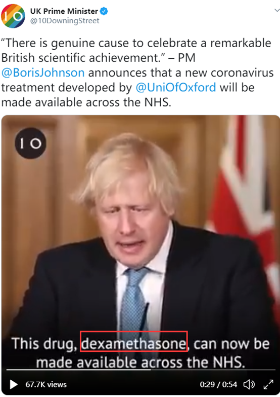  ▲图为英国首相办公室宣布英国牛津大学研发出了一种治疗新冠肺炎“新疗法”，并称这是英国科学的“非凡成就”的贴文