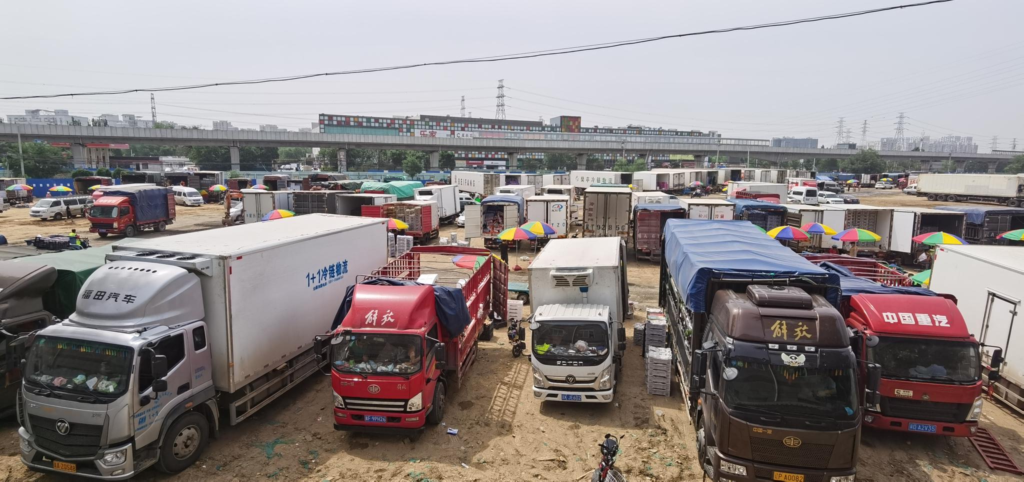 新发地位于国际名酒城的临时交易区,每天进场的车辆增加明显。新发地供图