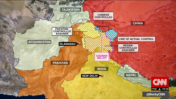 中印边界问题示意图 图片来源：CNN视频截图