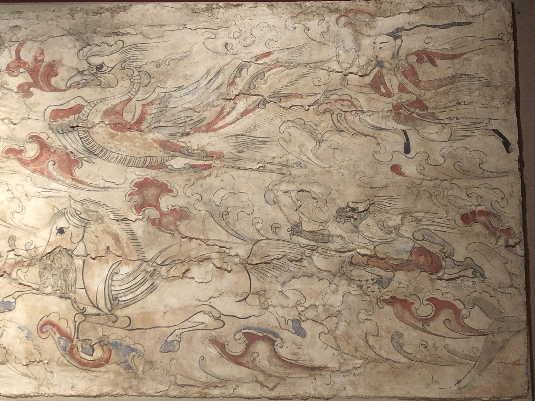 九原岗墓葬壁画中"升天图"局部(5月17日摄).新华社记者 王学涛 摄