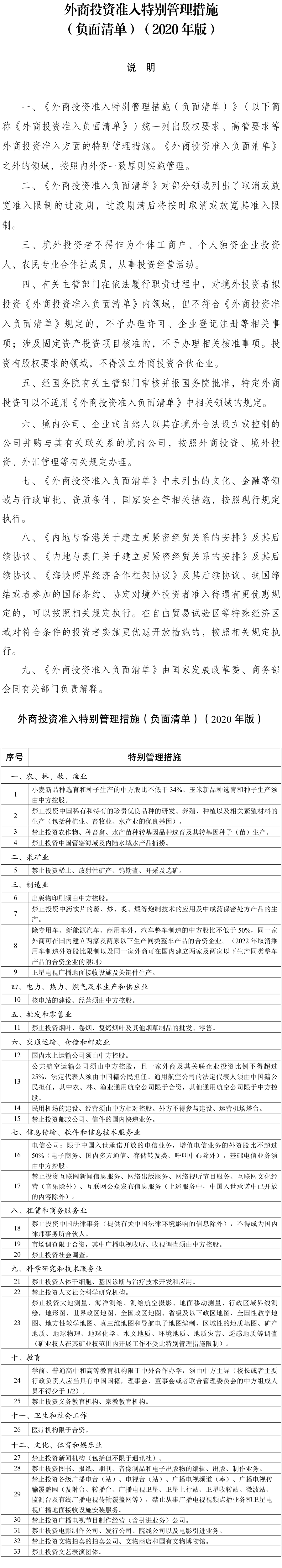 2020版外商投资准入负面清单 取消券商基金等外资股比限制