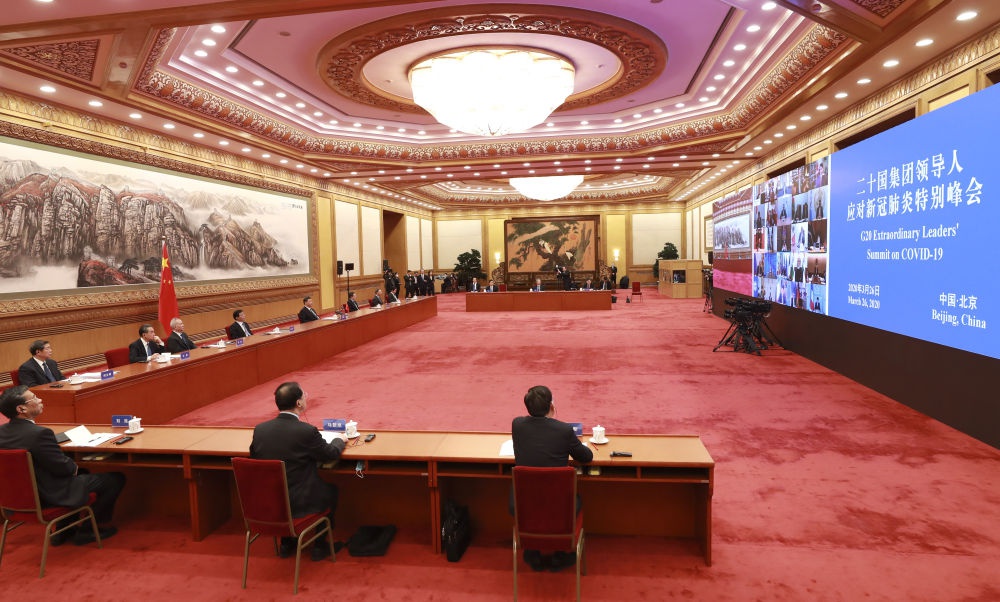 2020年3月26日，习近平主席出席二十国集团领导人应对新冠肺炎特别峰会并发表重要讲话。新华社记者 庞兴雷 摄