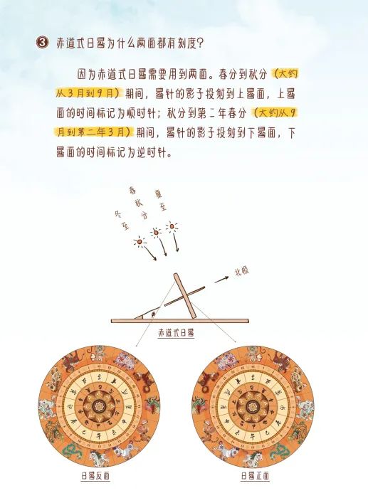 在玩日晷的过程中,孩子还能通过观察太阳在上面的移动轨迹,明白天干