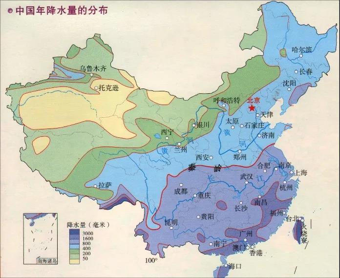 中国年平均降水量分布 图片来源：地之图