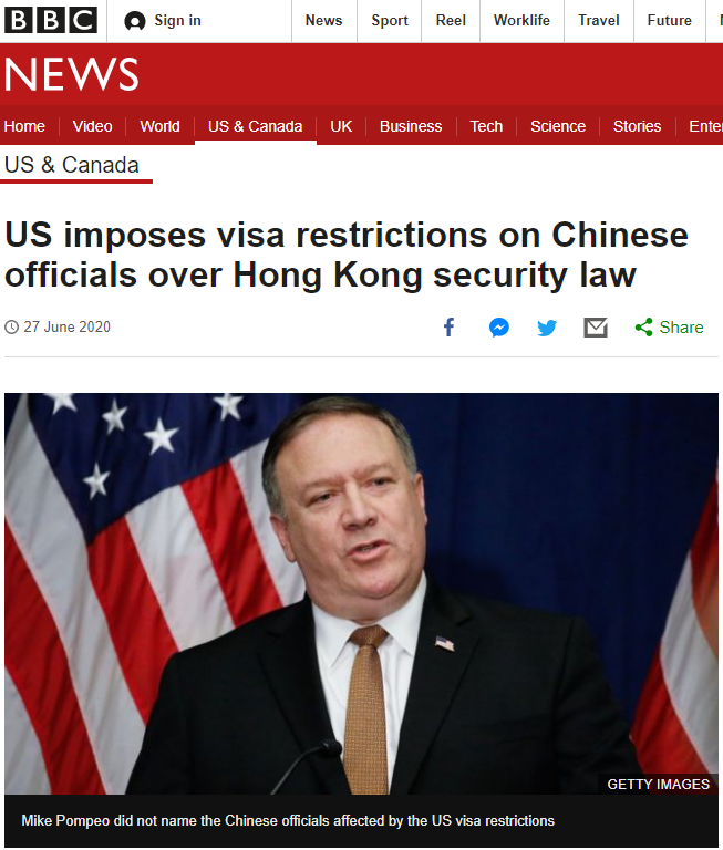 ▲6月27日，BBC：美国对中国官员施加签证限制