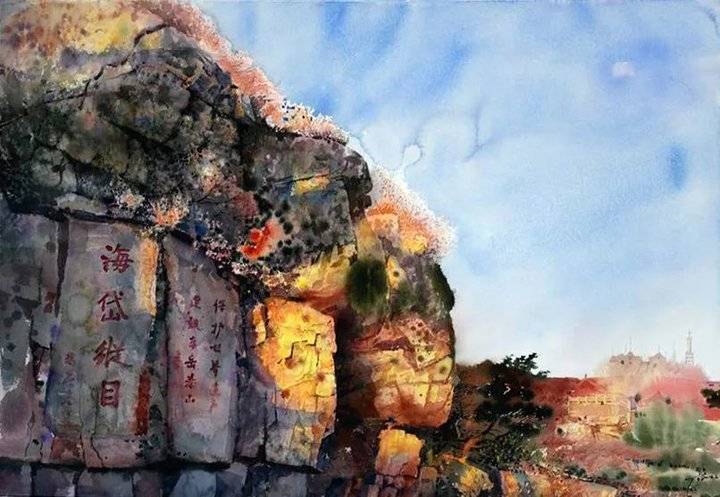 油画《泰山挑夫之二》200cmx70cm房洪   水彩画《泰山系列之六》110