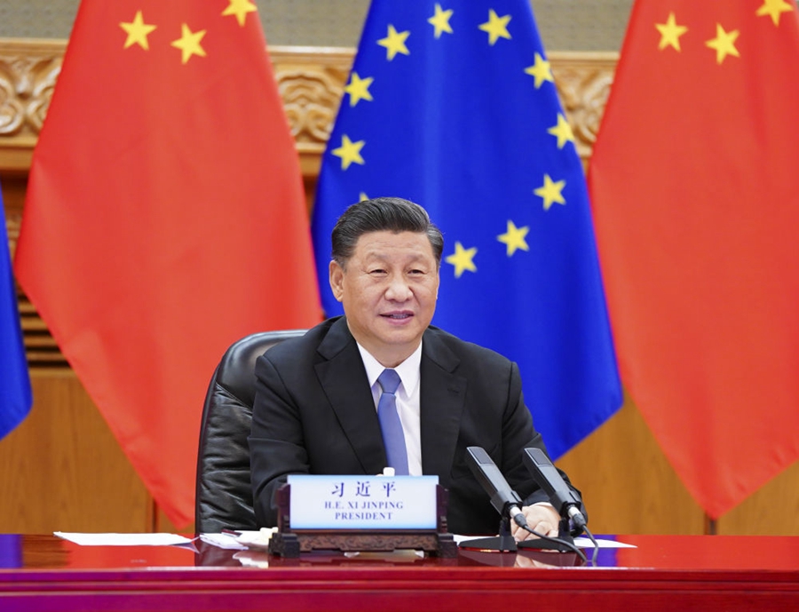 6月22日晚，国家主席习近平在北京以视频方式会见欧洲理事会主席米歇尔和欧盟委员会主席冯德莱恩。新华社记者谢环驰摄