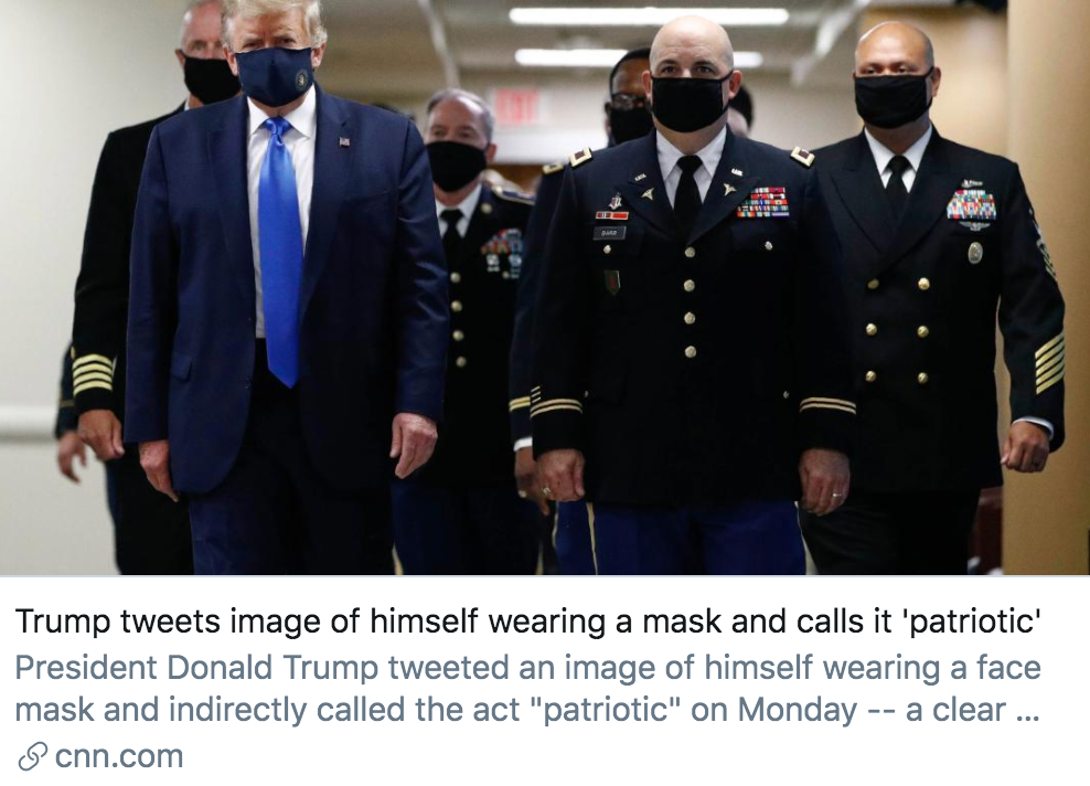 特朗普发表推文称，佩戴口罩是“爱国的表现”。/ CNN报道截图