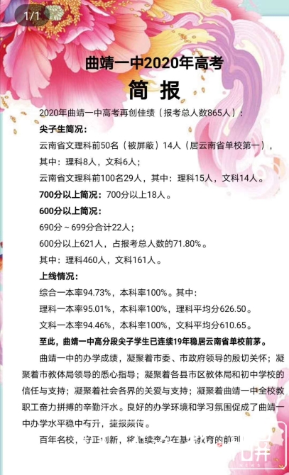 2020曲靖高考分数排名_曲靖一中2020年高考简报及招生简章