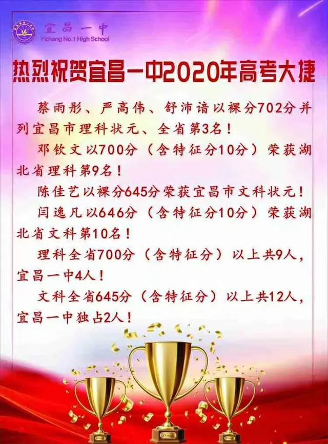2020湖北宜昌一中高考喜报3人并列市理科第一700分以上4人