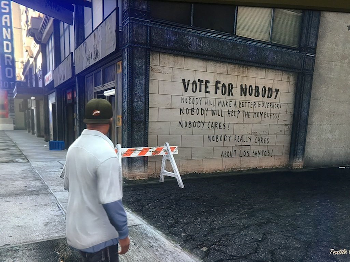 街头涂鸦：投票给谁都没用 - 没有人会成为更好的州长！没人会帮助无家可归的人！没有人在乎！没有人真正关心洛圣都！