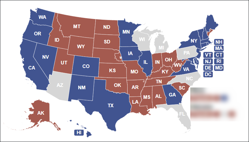 灰色为美国6大战场州：威斯康星、密歇根、宾夕法尼亚、亚利桑那、北卡罗莱纳和佛罗里达