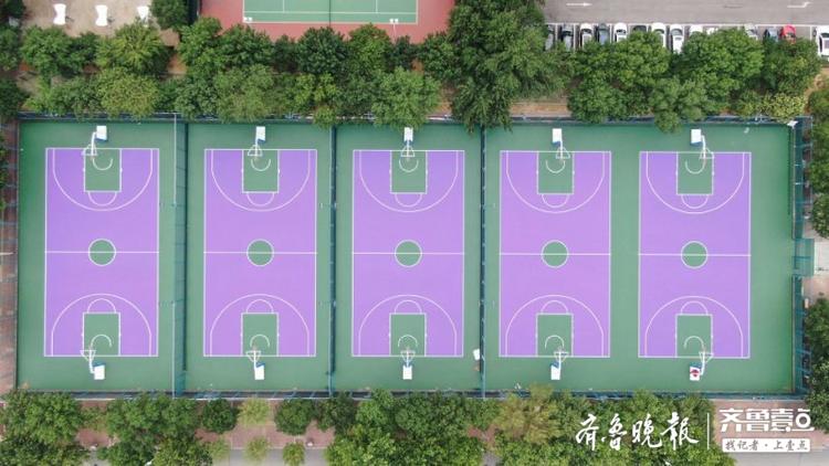 山东省体育中心篮球公园篮球场完成升级紫绿配色让人眼前一亮