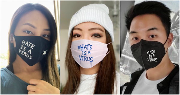 几位亚裔青年自制了上书“仇恨是一种病毒”的口罩