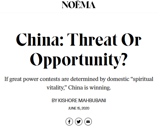 复旦大学中国研究院春秋高级研究员马凯硕2020年6月15日在美国智库博古睿研究院《思想》(Noēma)杂志刊发评论文章:《中国是美国的威胁还是机会》。马凯硕指出,如果美中大国竞争的结果是由双方各自内部的“精神状态”来决定的,那么中国已经占据了优势