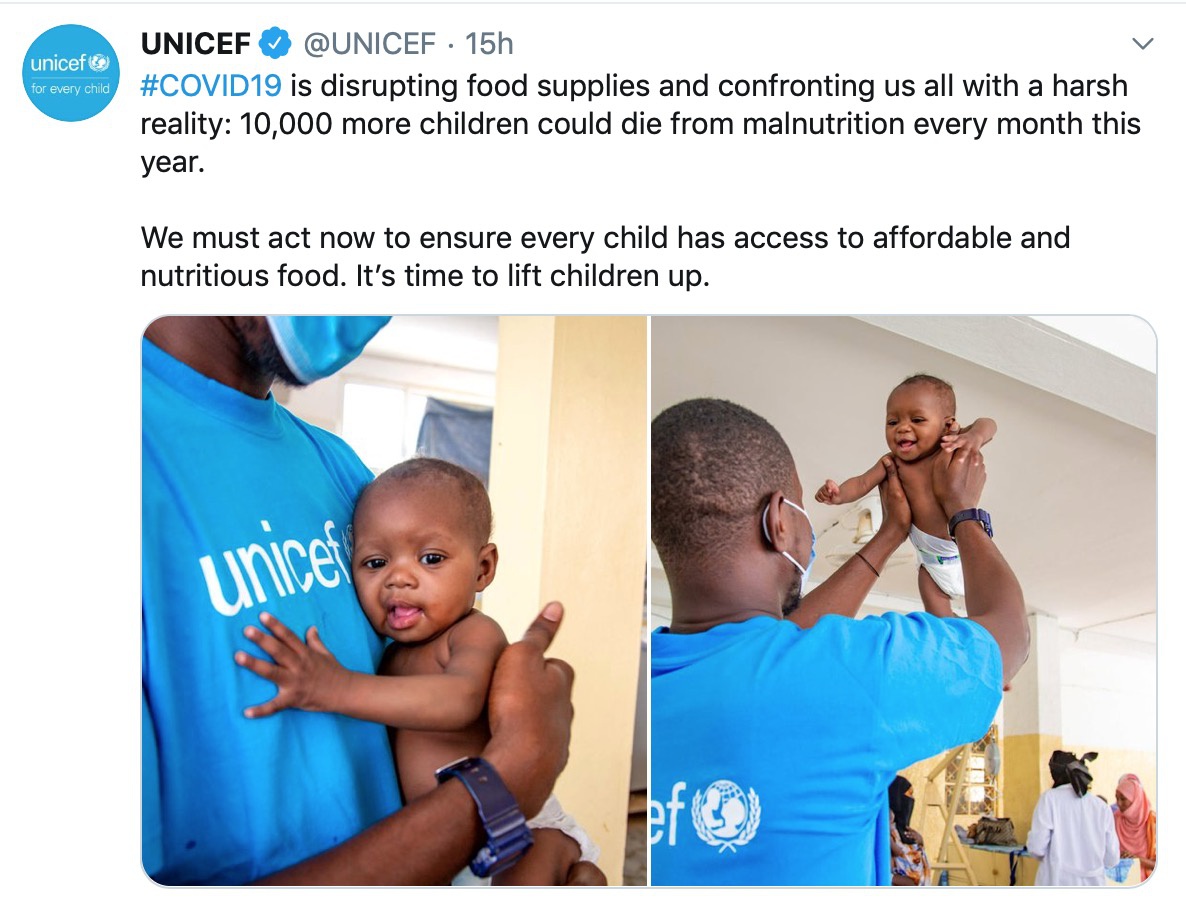 联合国：疫情引发的饥荒致全球每月新增10000名儿童死亡